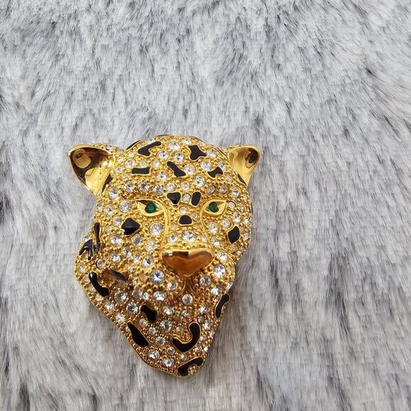 Leopard Panther Emerald Green Eyes Brooch Signed CT Gold Tone Rhinestones 2” - Picture 1 of 6